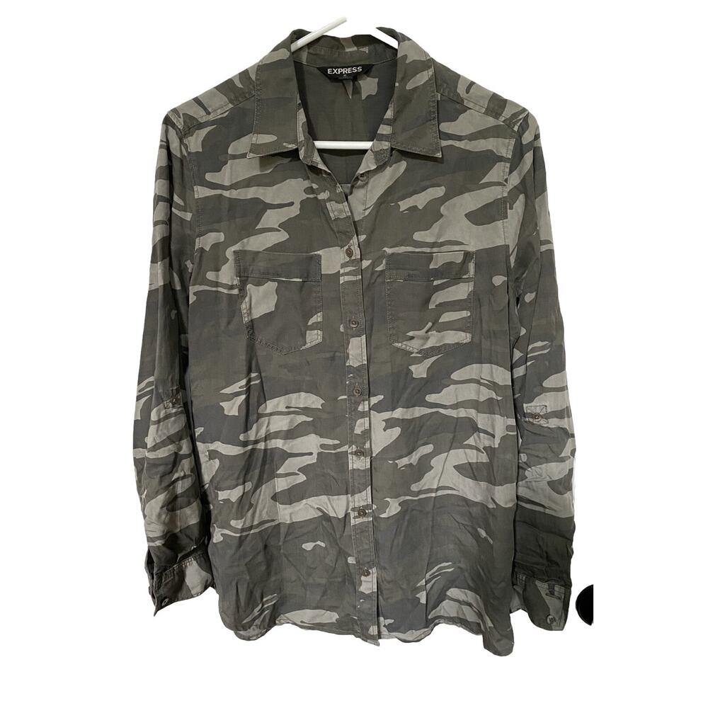 EXPRESS Green Camouflage Small Shirt Long Sleeve Button Down Army Military